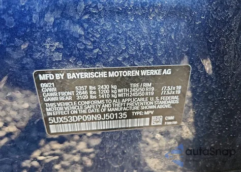 2022 BMW X3 xDrive30I z USA, uszkodzony, nr VIN 5UX53DP09N9J50135